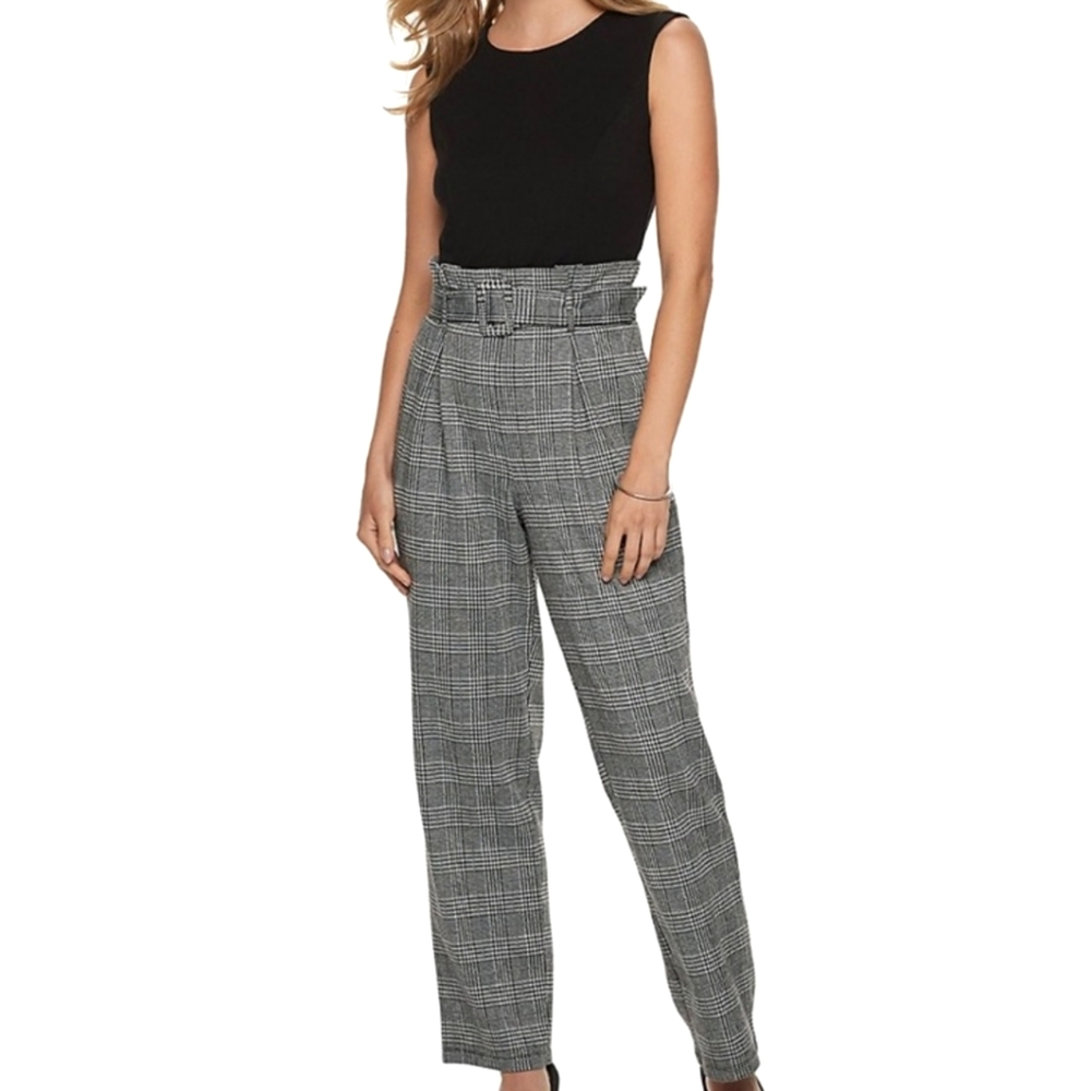 ELLE Plaid Jumpsuit Playsuit Romper Belted Paperbag Sleeveless Pockets High Rise